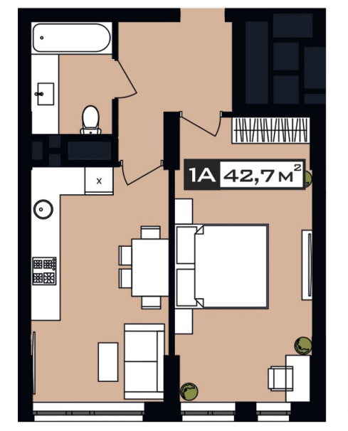 ЖК Пейот, планировка однокомнатной квартиры 42,7 м2