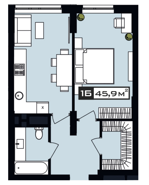 ЖК Пейот, планировка однокомнатной квартиры 45,9 м2